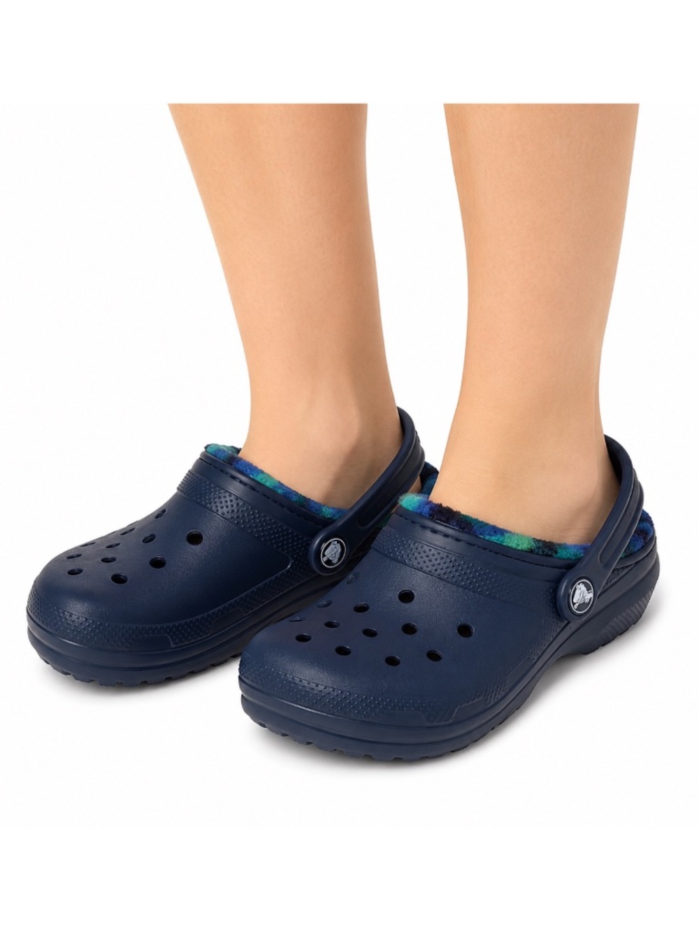 CROCS Juniors Kids Navy Clog with Green Plaid Fleece Lining J4 comfy warm fall
